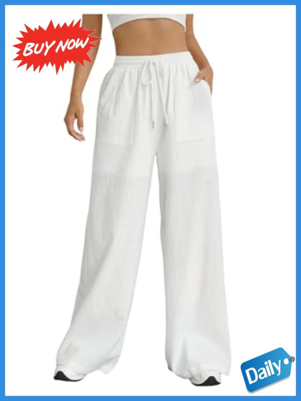 Linen Wide Leg High Rise Elastic Waist Pants with Pockets